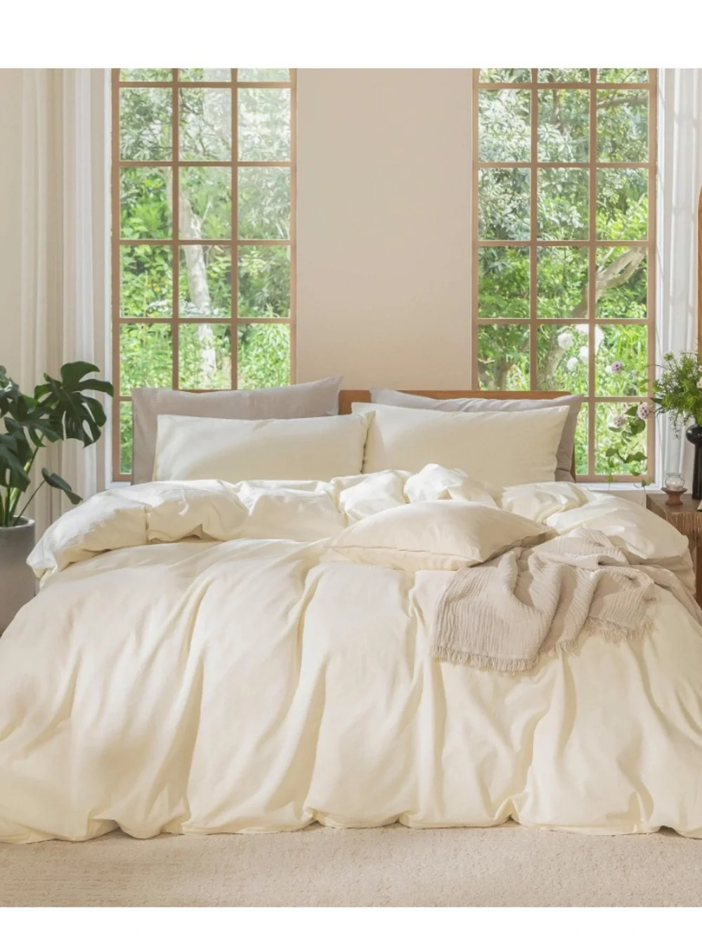 KING Neutral Duvet 3Pc Set 100% Washed Cotton Linen-Like - CREAM